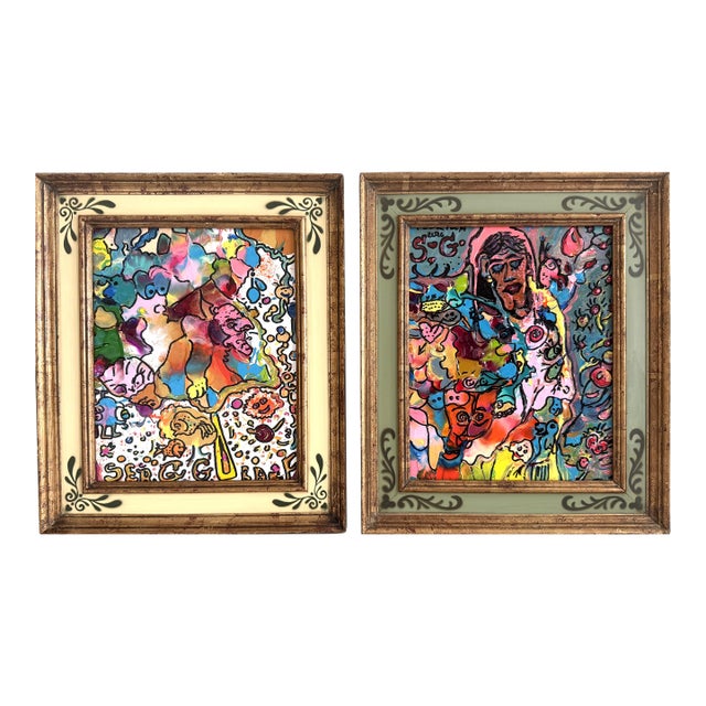 Set of 2 Abstract Paintings by Serg Graff "Flower Fairy" | "Mr Umbrella" Framed For Sale