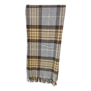 Super Soft Merino Lambswool Throw in a Classic Tan and Gray Plaid Pattern -Made in England