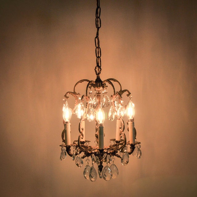 Vintage Petite French Brass and Crystal Chandelier For Sale - Image 12 of 17