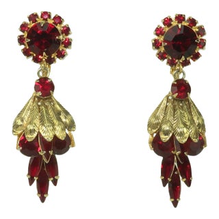 Garnet Glass Rhinestone Drop Dangle Earrings, 1960's, A Pair For Sale