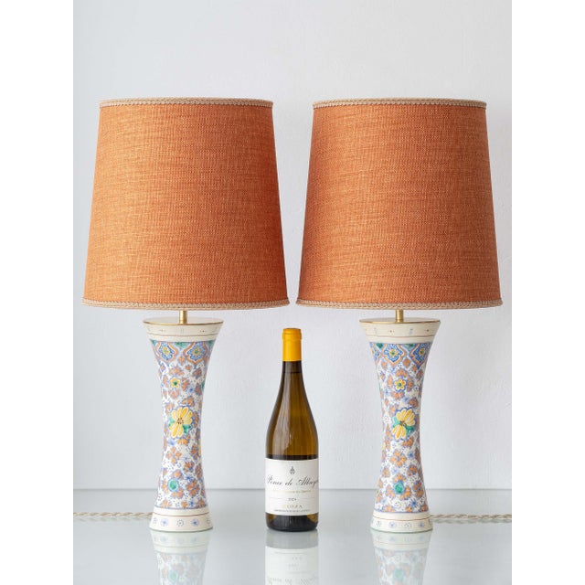 Boho Chic 1918 Dutch Hand-Painted Floral Ceramic Table Lamps, Set of 2 For Sale - Image 3 of 16