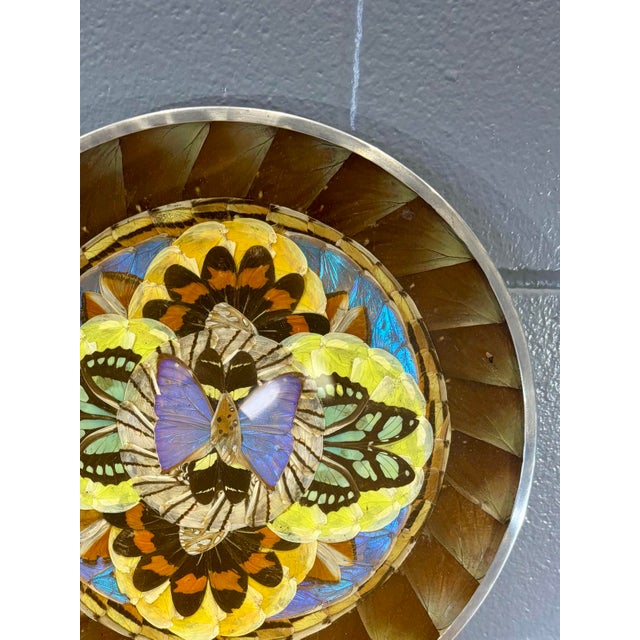Late 20th Century Vintage Brazilian Butterfly Wing Mosaic Tray Wall Art, Round Lucite and Steel For Sale - Image 5 of 5
