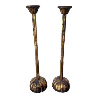 Early 19th Century Edo Period Large Japanese Carved Wood Temple Candleholders - A Pair For Sale