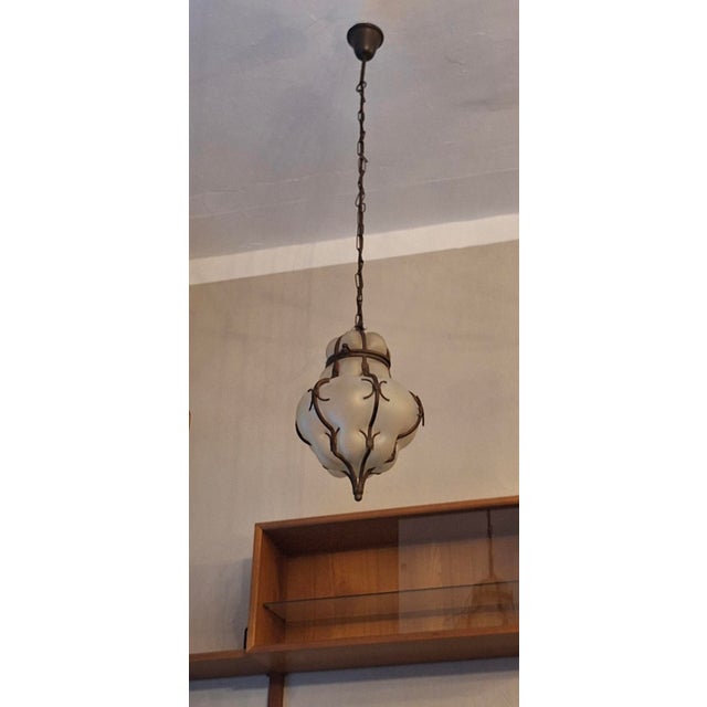 Venetian Murano Blown Frosted Glass Hall Lantern Pendant Light in Iron Frame, Italy, 1960s For Sale - Image 5 of 11