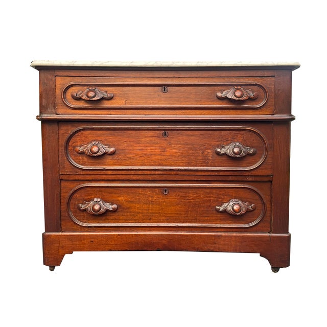 Victorian 1800s Walnut Marble-Top Dresser With Carved Drawer Pulls For Sale - Image 3 of 12