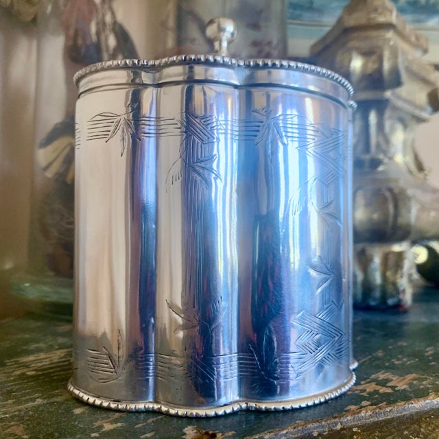 Metal English Silver Plate Biscuit Box With Bamboo Engraving For Sale - Image 7 of 10