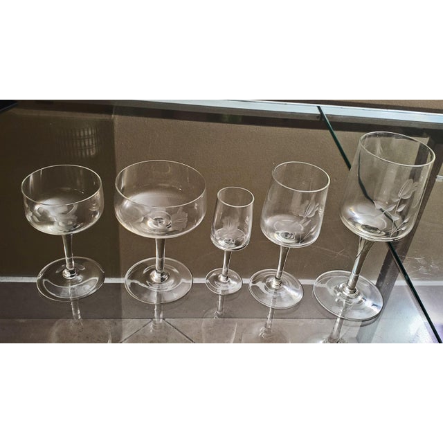 12 People Set 5 Sizes-58pcs Crystal Wine Glasses-1970 Society Crystal -Delicate Flower Etched Design For Sale - Image 17 of 17