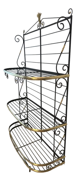 Art Deco French Bakers Rack: Three-Tiered Etagere in Wrought Iron & Brass, 1930s