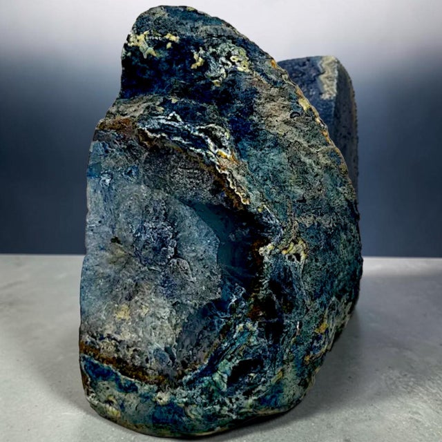Blue Vintage Brazilian "Blue Shot Eyes" Polished Dyed Agate Geode Bookends - A Pair For Sale - Image 8 of 10