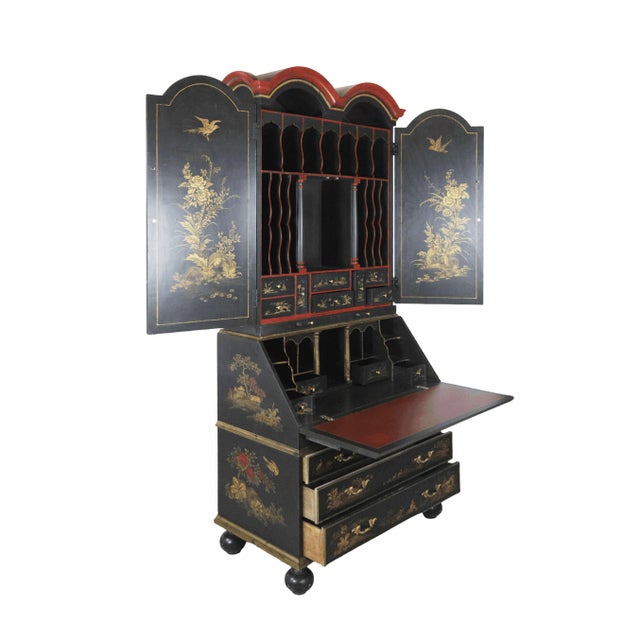 Late 20th Century Vintage English George III Style Black and Red Decorative Tall Secretary Cabinet For Sale - Image 5 of 12