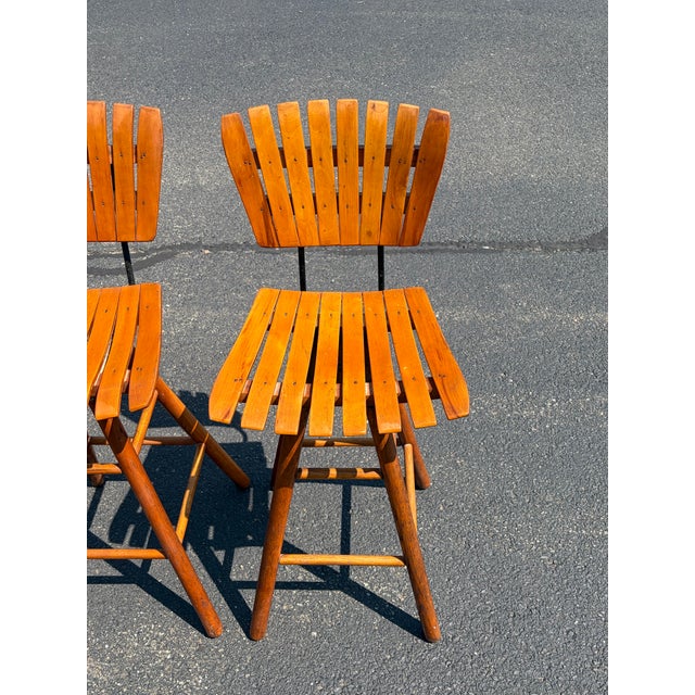 1950s Pair Original MCM Arthur Umanoff Style Wood Slat Stools For Sale - Image 5 of 7