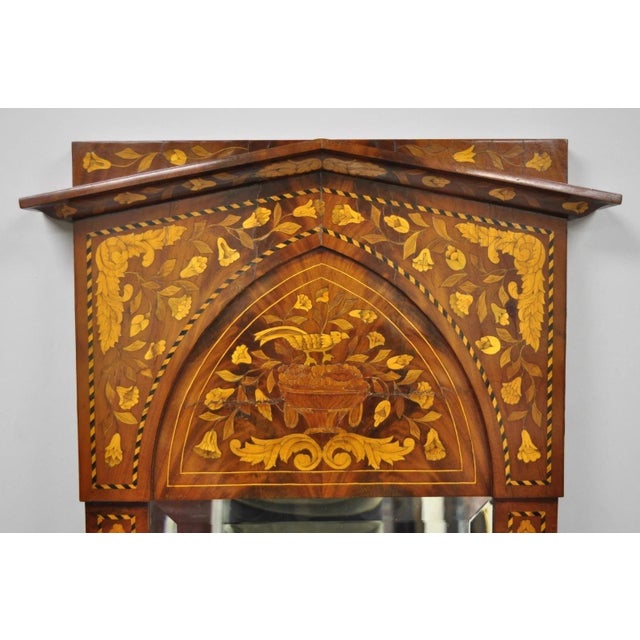 Antique Satinwood Dutch Marquetry Inlay Beveled Glass Console Pier Wall Mirror. Item features remarkable satinwood floral...