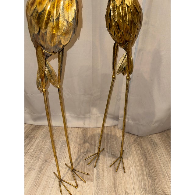 Metal Vintage Mid-Century Style Cast Aluminum Gilt Crane Sculptures - A Pair For Sale - Image 7 of 8