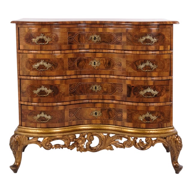 Antique Baroque Chest of Drawers with Four Drawers in Polished Walnut, 1760s For Sale
