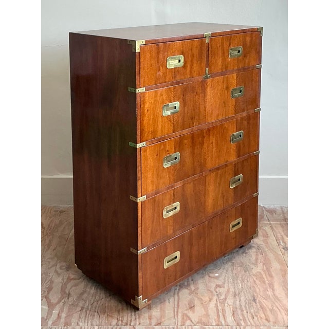 Wood Vintage Boho Henredon Campaign Tall Chest of Drawers For Sale - Image 7 of 8