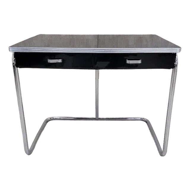 Art Deco Black Enamel Tubular Framed 2 Drawer Desk For Sale