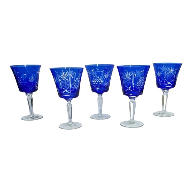 Cobalt Blue Cut to Clear Crystal Glasses- Set of 5 For Sale
