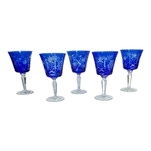 Vintage Cobalt Blue Cut to Clear Crystal Glasses- Set of 5
