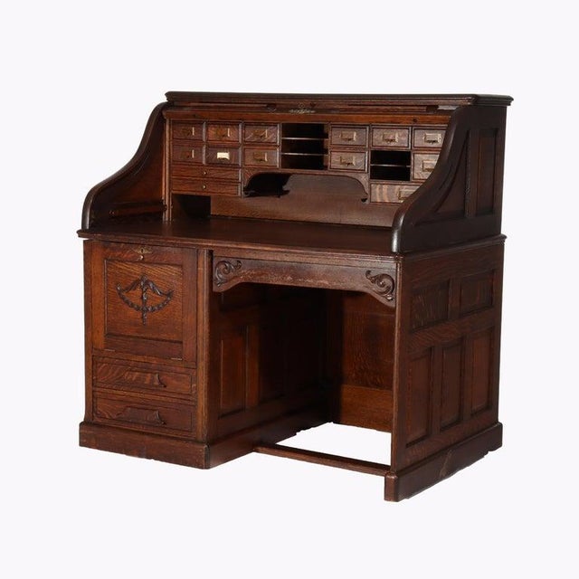 Antique Gunn Furniture Co. Oak S Roll Top Paneled Single Pedestal Desk With Full Drawer Interior Signed C1920 Measures -...