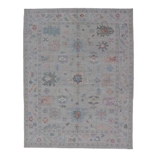 2020s All Over Modern Floral Oushak With a Light Blue-Gray Field and Border With Color For Sale