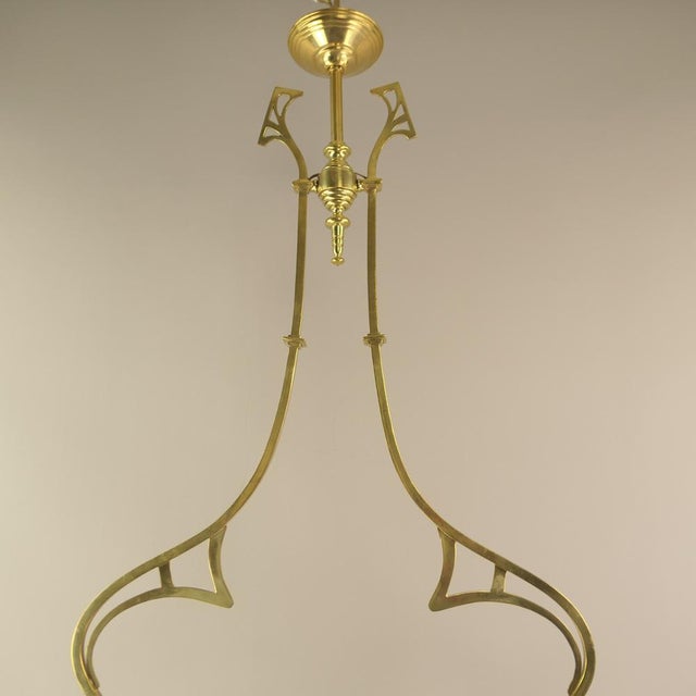 Art Nouveau Brass Chandelier with Vaseline Glass Lampshades, England, 1910s For Sale - Image 4 of 10