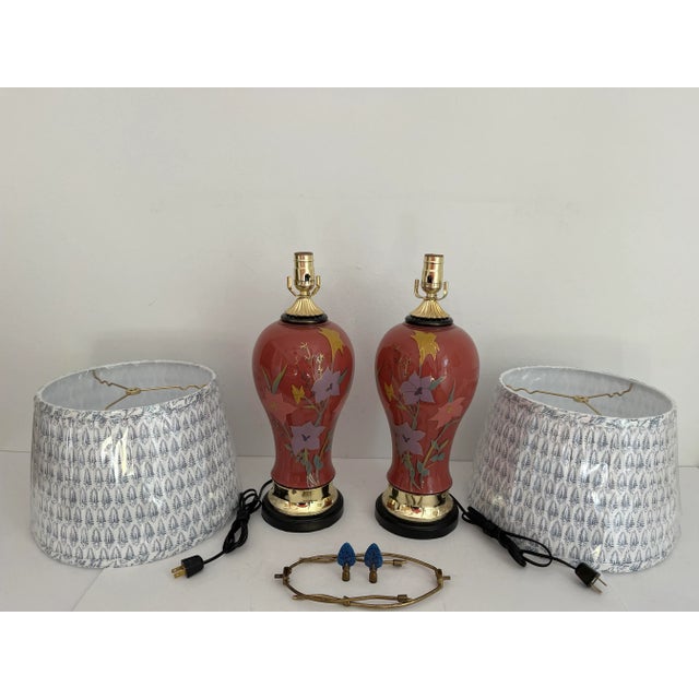 1970s Floral Vase Lamps & Shades - a Pair For Sale - Image 9 of 11