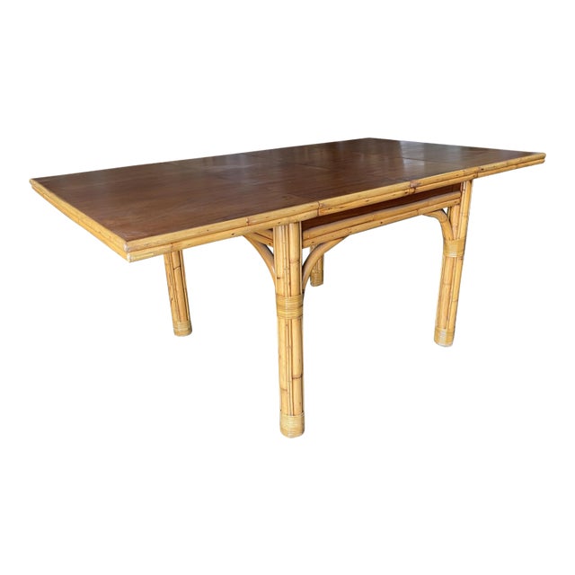 Mid Century Rattan and Mahogany Expandable Dining Table For Sale