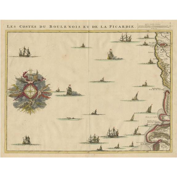 Antique Map of the French Coast at Boulogne and Picardy, 1712 For Sale - Image 6 of 6