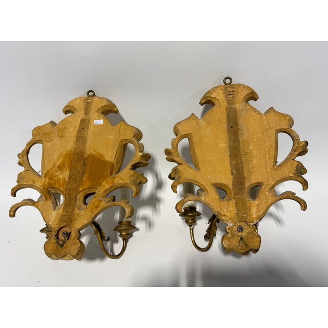 Wood French Rococo Giltwood Armorial Two-Light Wall Sconces, 19th Century For Sale - Image 7 of 9