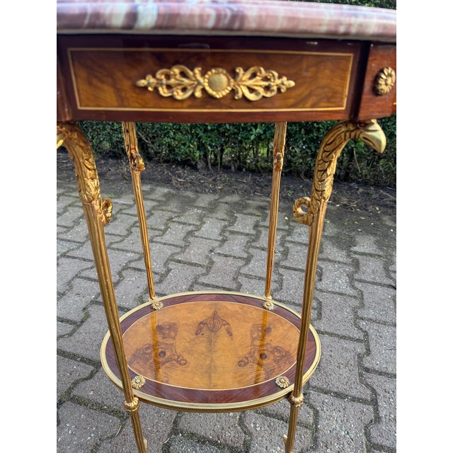 1980 French Louis XVI Gold Mahogany Marble Side Table Bronze For Sale - Image 10 of 11