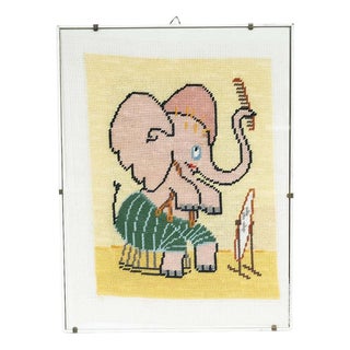 Unknown, Cross-Stitch Elephant Picture, 1980s, Mixed Media, Framed For Sale