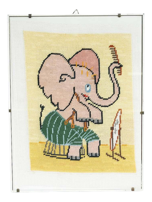 Unknown, Cross-Stitch Elephant Picture, 1980s, Mixed Media, Framed