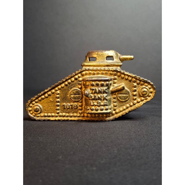 Antique Ac Williams Cast Iron Tank Bank Usa 1918 Wwi Still Penny Bank Gold Paint For Sale - Image 4 of 17