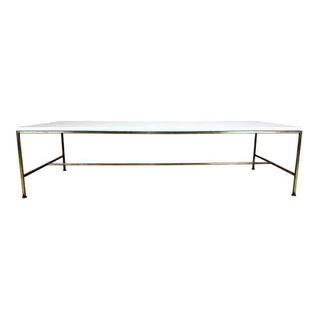 Mid Century Modern Brass Vitrolite Glass Coffee Table Attrib. To Paul McCobb / Irwin For Sale