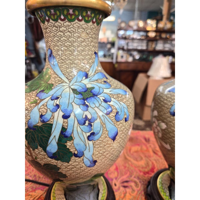 1920s Pair of Cloisonne Vase Table Lamps For Sale - Image 4 of 14