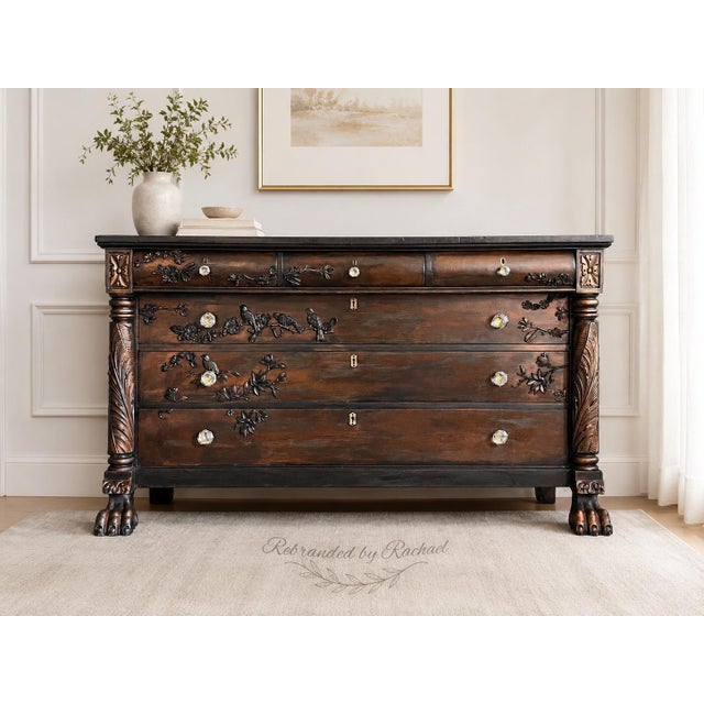 Antique Empire-Style Hand-Painted Dresser With Botanical & Bird Moulds, Claw Feet For Sale In Baltimore - Image 6 of 6