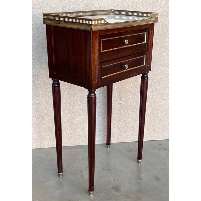 20th Century Pair of Louis XVI Style Marble-Top, Bronze and Walnut Nightstands For Sale - Image 4 of 12