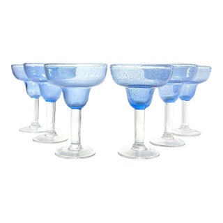 Contemporary Blown Blue Margarita Glasses - Set of 6 For Sale