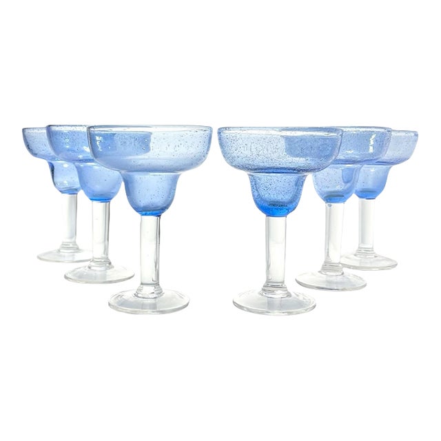 Contemporary Blown Blue Margarita Glasses - Set of 6 For Sale
