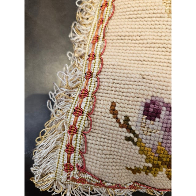 Charming Hand Sewn Needlepoint Floral Pillow with silky looped English style trim. Backed with Coral Colored Shantung...