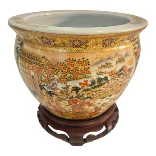 Vintage Japanese Satsuma Style Hand-Painted Porcelain Jardinière Cachepot With Wood Ming Style Stand For Sale