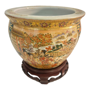 Vintage Japanese Satsuma Style Petite Hand-Painted Porcelain Jardinière Cachepot With Wood Ming Style Stand