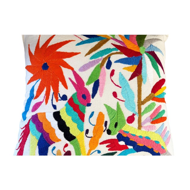 Beige Mexican Otomi Embroidery Textile Pillow 16" W For Sale - Image 8 of 9
