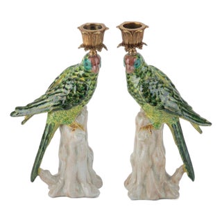 Green Porcelain Parrot Candleholder Pair With Bronze Ormolu For Sale