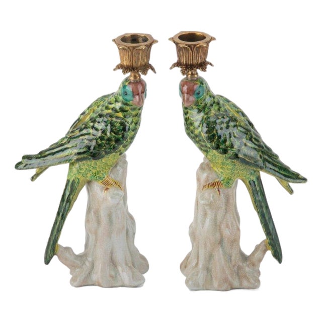 Green Porcelain Parrot Candleholder Pair With Bronze Ormolu For Sale