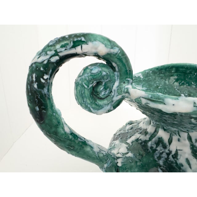 Vintage Sculptural Green Lava Glaze Ceramic Ewer With Scroll Handle For Sale - Image 12 of 18