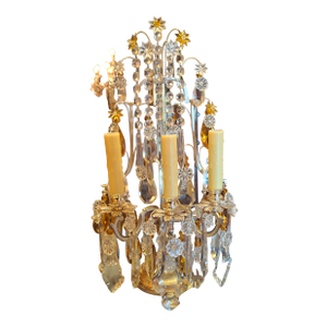 1940's French Regency Silvered Lyre Back Amber & Clear Crystal Electric Mantle/ Table Lamp Girandoles a - Pair