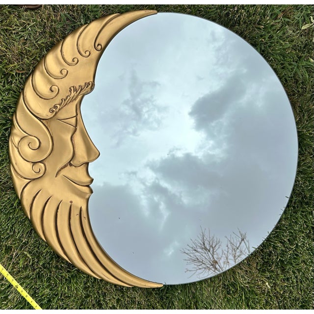 Wood Man in the Moon Mirror Large Gold Crescent 36” Vintage Celestial 1990s For Sale - Image 7 of 12