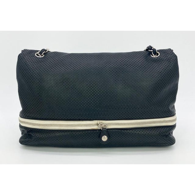 Early 21st Century Chanel Black Perforated Leather Expandable Classic Flap Shoulder Bag For Sale - Image 5 of 11