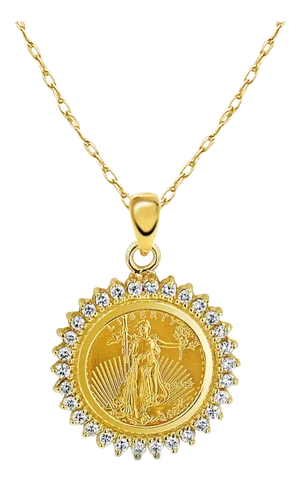 Lady Liberty 1/10OZ Fine Gold Medallion with Diamond Halo 16"